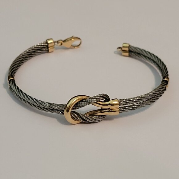 **SOLD** Vintage 14k Yellow Gold & Stainless Steel Cable Love Knot Bracelet - Picture 1 of 7